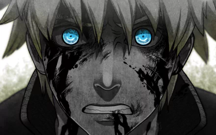 HD wallpaper image from anime Naruto featuring a closeup of a character with striking blue eyes and tear-stained, sooty face.
