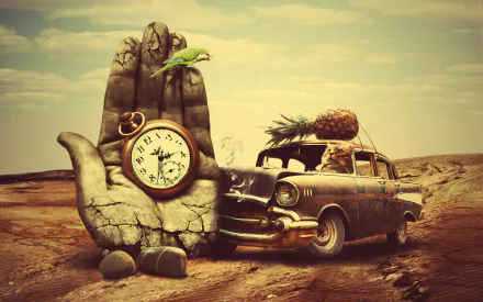 Artistic HD desktop wallpaper featuring a surreal scene with a giant stone hand holding a clock and an old car carrying a pineapple against a barren landscape.