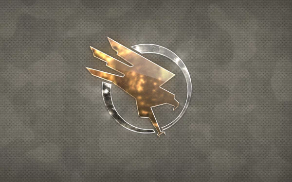 HD PC desktop wallpaper for the Command & Conquer video game: metallic bird emblem in a circular frame on a textured gray background.