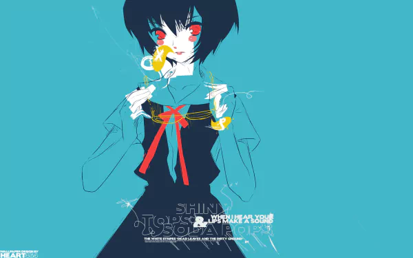 Minimalist HD anime wallpaper of Rei Ayanami from Neon Genesis Evangelion in a blue school uniform with red accents on a solid blue background.