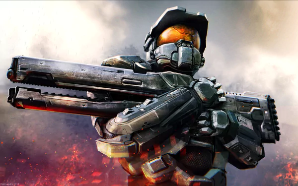 Master Chief from the Halo video game series poised with a large futuristic gun, set against a smoky, fiery background in 4K Ultra HD quality.