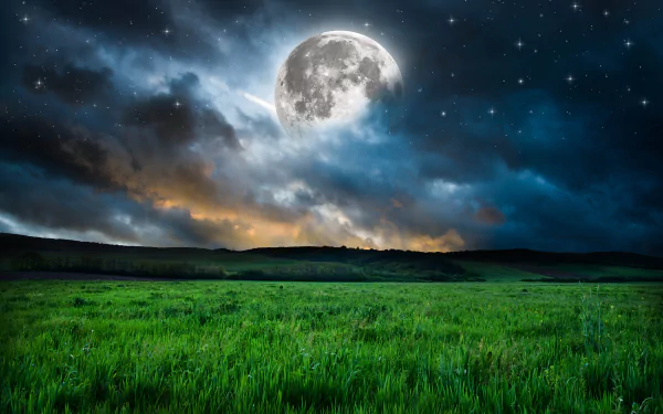 HD desktop wallpaper of a vivid full moon illuminating a lush green meadow under a starry sky with drifting clouds.
