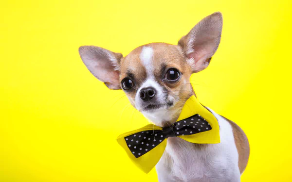 A charming chihuahua wearing a yellow bow tie poses against a bright yellow background, captured in stunning 4K Ultra HD for a vibrant desktop wallpaper.