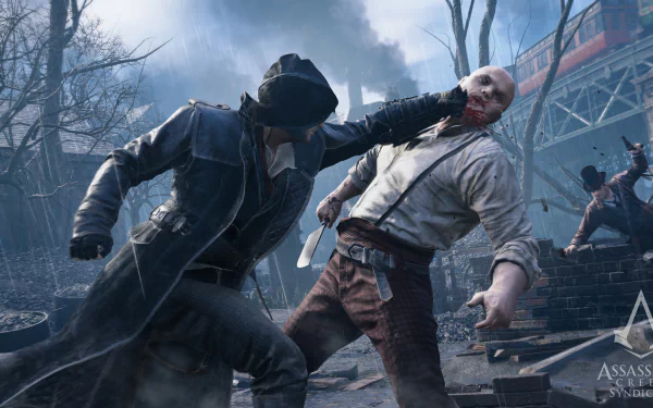 Jacob Frye battles a thug in this dynamic HD wallpaper from Assassin's Creed: Syndicate, showcasing intense action and immersive game visuals.