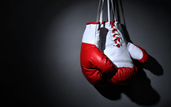 A striking HD desktop wallpaper featuring red and white boxing gloves hanging against a dark background, capturing the essence of sports and athleticism.
