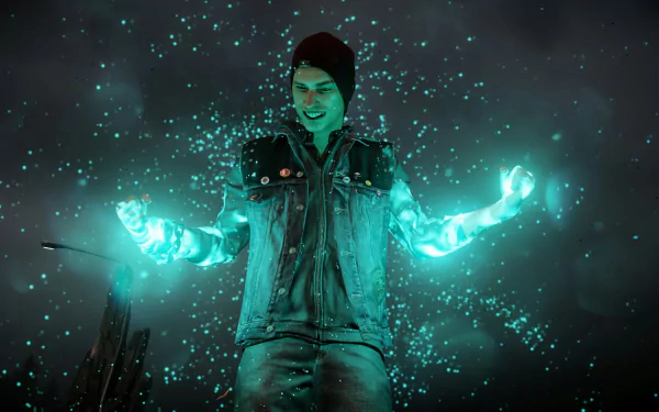 A dynamic scene from inFAMOUS: Second Son shows a character with glowing, ethereal powers, surrounded by vibrant particles against a dark backdrop, capturing the essence of the game.