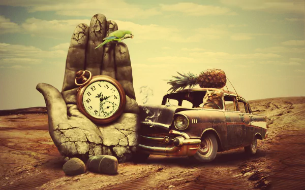 Artistic HD desktop wallpaper featuring a surreal scene with a giant stone hand holding a clock and an old car carrying a pineapple against a barren landscape.