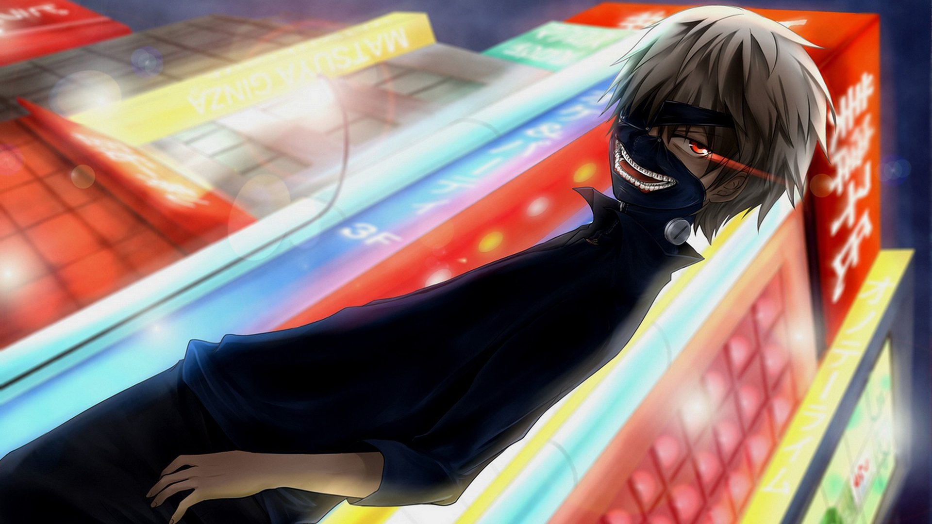 A dynamic HD wallpaper featuring Ken Kaneki from the anime Tokyo Ghoul, showcasing his striking appearance against a vibrant urban backdrop.