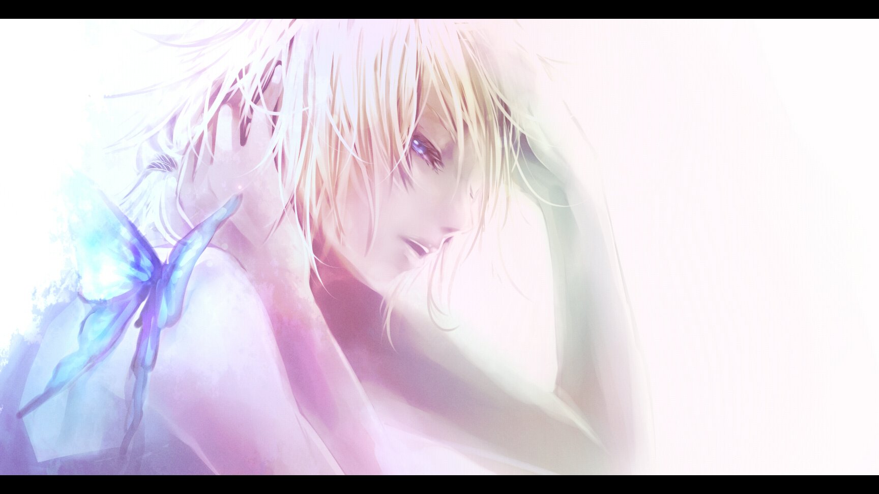 Anime-style HD wallpaper featuring Len Kagamine with short blonde hair and blue eyes, accompanied by a delicate blue butterfly.