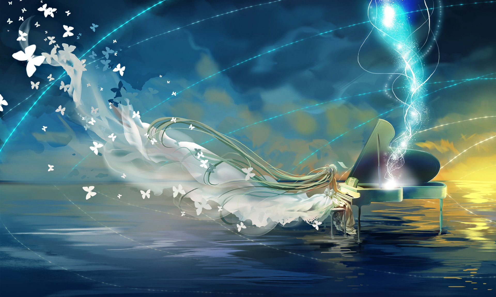 A fantasy scene featuring Hatsune Miku at a piano, surrounded by ethereal butterflies and a dreamy landscape, creating a vibrant and enchanting atmosphere in this HD anime wallpaper.