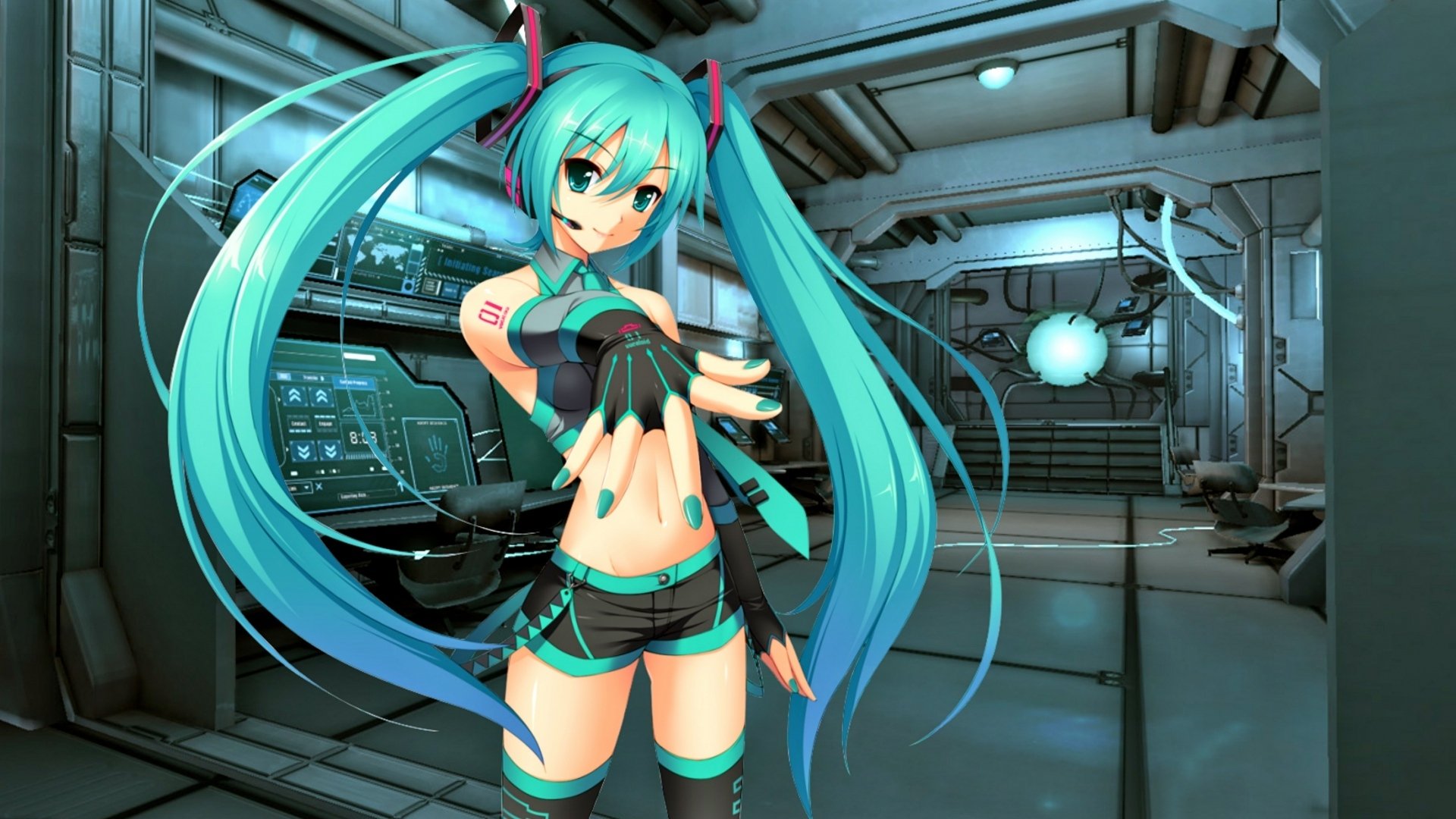 Hatsune Miku, the iconic Vocaloid character, is depicted in an HD anime wallpaper, showcasing her vibrant turquoise hair and futuristic setting.