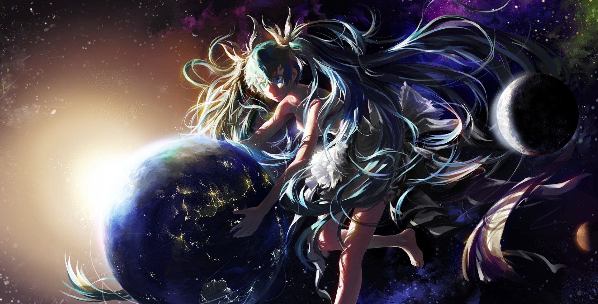 HD anime wallpaper featuring Hatsune Miku, the iconic Vocaloid, floating gracefully in space beside Earth with flowing hair and cosmic elements surrounding her.