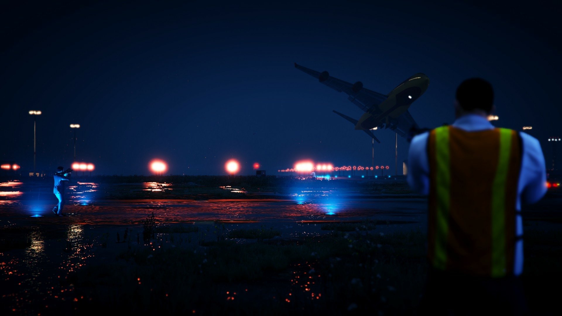 HD PC desktop wallpaper from the video game Grand Theft Auto V showing a nighttime airport runway with an airplane landing and a worker in a reflective vest.