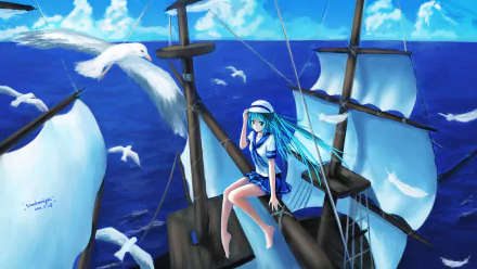 school uniform bird boat ocean blue hair long hair blue eyes hat Hatsune Miku Anime Vocaloid Anime Bird HD Desktop Wallpaper | Background Image