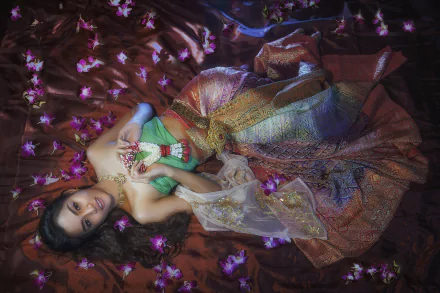 A Thai woman in traditional costume poses gracefully among vibrant flowers, showcasing intricate jewelry, with a rich, colorful backdrop, creating a captivating oriental ambiance.