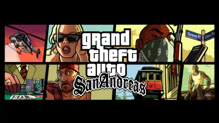 HD desktop wallpaper of the video game Grand Theft Auto: San Andreas, featuring the character Carl Johnson and various iconic scenes including a helicopter, street sign, and casino.