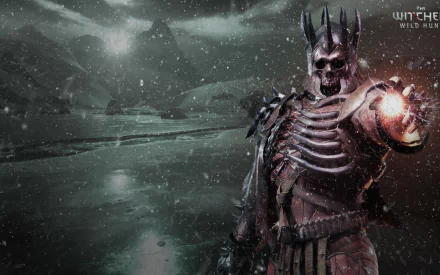 HD PC desktop wallpaper from the video game The Witcher 3: Wild Hunt featuring a menacing armored figure with a glowing hand in a snowy, dark landscape.