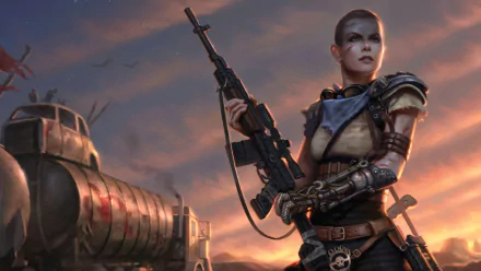 HD PC desktop wallpaper featuring Imperator Furiosa from the movie Mad Max: Fury Road, standing armed against a dramatic sunset backdrop with armored vehicles.