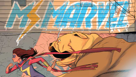 HD PC desktop wallpaper featuring Ms. Marvel in comic style, showing her stretching her arm forward with a large dog beside her.