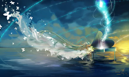 A fantasy scene featuring Hatsune Miku at a piano, surrounded by ethereal butterflies and a dreamy landscape, creating a vibrant and enchanting atmosphere in this HD anime wallpaper.
