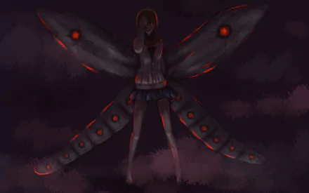 Anime character Hinami Fueguchi from Tokyo Ghoul, depicted barefoot with short hair, red eyes, wearing a sweater and skirt, showing her Kagune on a dark, ominous HD wallpaper background.