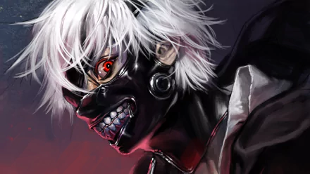 HD desktop wallpaper and background featuring Ken Kaneki from the anime Tokyo Ghoul with white hair, a black mask, and red eyes.