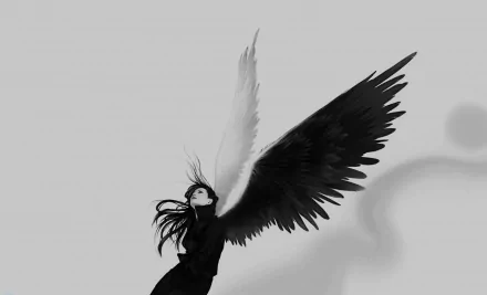 HD desktop wallpaper featuring a fantasy dark angel with contrasting black and white wings against a plain background.