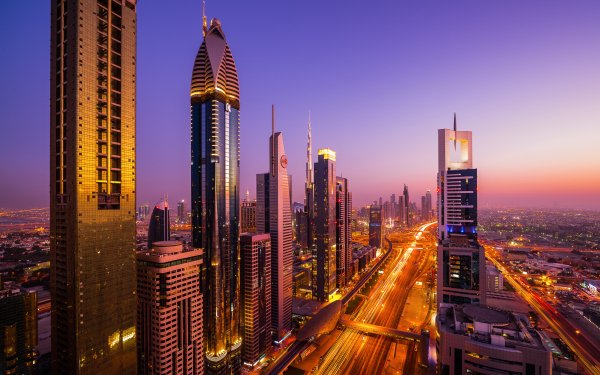 Man Made Dubai Cities United Arab Emirates Sheikh Zayed Avenue Tower Rose Tower Twilight Cityscape Monorail Skyscraper HD Wallpaper | Background Image