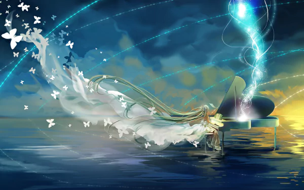 A fantasy scene featuring Hatsune Miku at a piano, surrounded by ethereal butterflies and a dreamy landscape, creating a vibrant and enchanting atmosphere in this HD anime wallpaper.