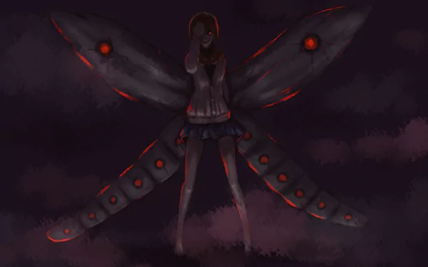 Anime character Hinami Fueguchi from Tokyo Ghoul, depicted barefoot with short hair, red eyes, wearing a sweater and skirt, showing her Kagune on a dark, ominous HD wallpaper background.