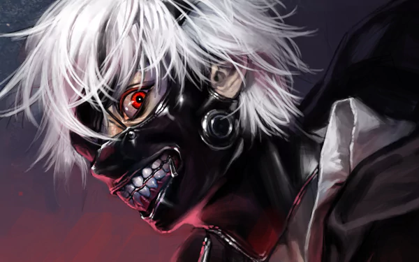 HD desktop wallpaper and background featuring Ken Kaneki from the anime Tokyo Ghoul with white hair, a black mask, and red eyes.