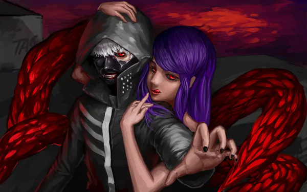 HD desktop wallpaper of characters Ken Kaneki and Rize Kamishiro from Tokyo Ghoul, featuring Kaneki in a hood and mask with red eyes, and Rize with purple hair and kagune under a dark, fiery sky.