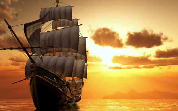 A majestic sailing ship glides through the calm ocean waters under a golden sunset sky with scattered clouds. This HD desktop wallpaper captures the serene beauty of sea and sky.