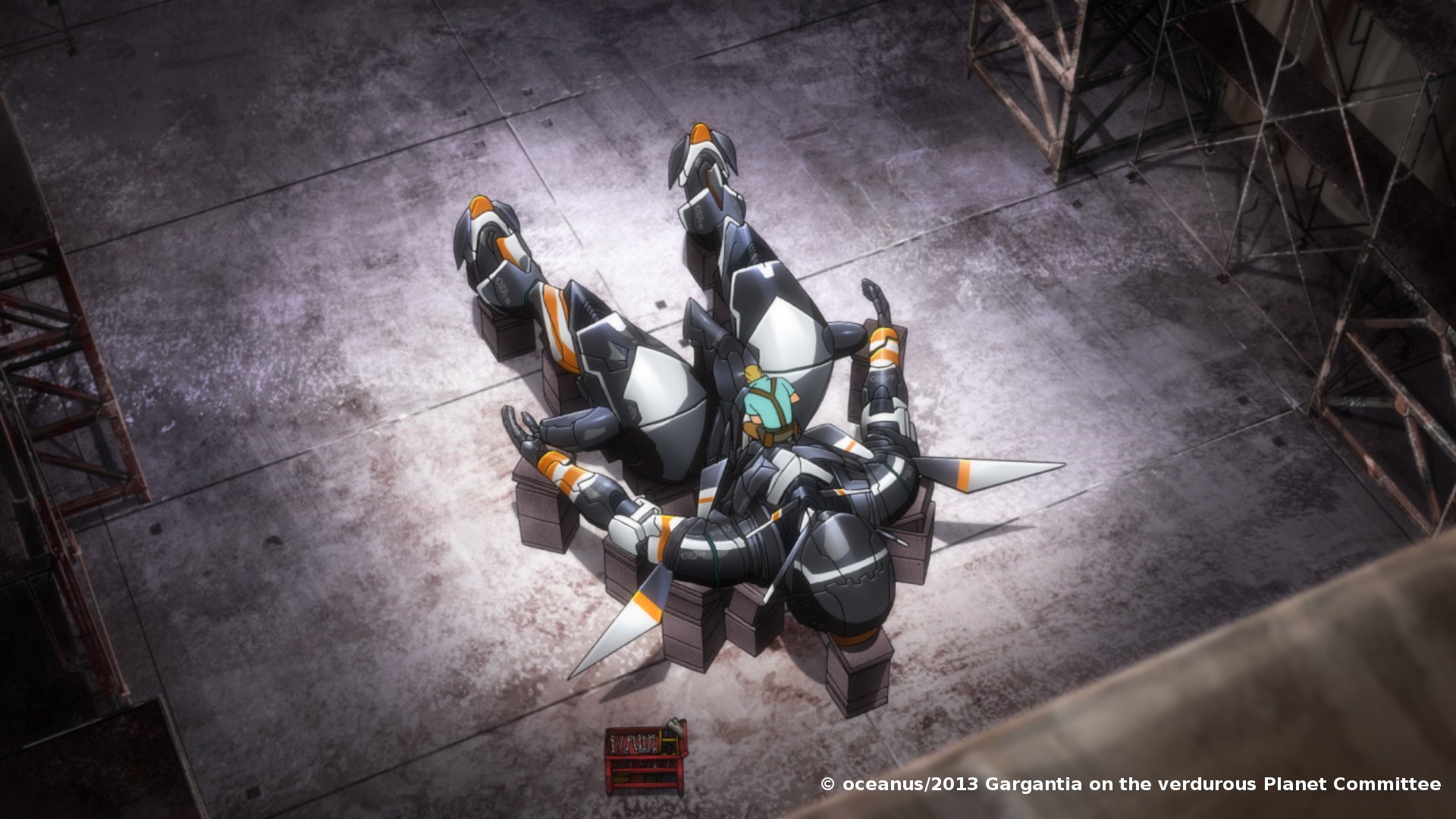 An HD desktop wallpaper featuring a detailed scene from Gargantia on the Verdurous Planet, showcasing a mechanical figure with striking colors and intricate design.