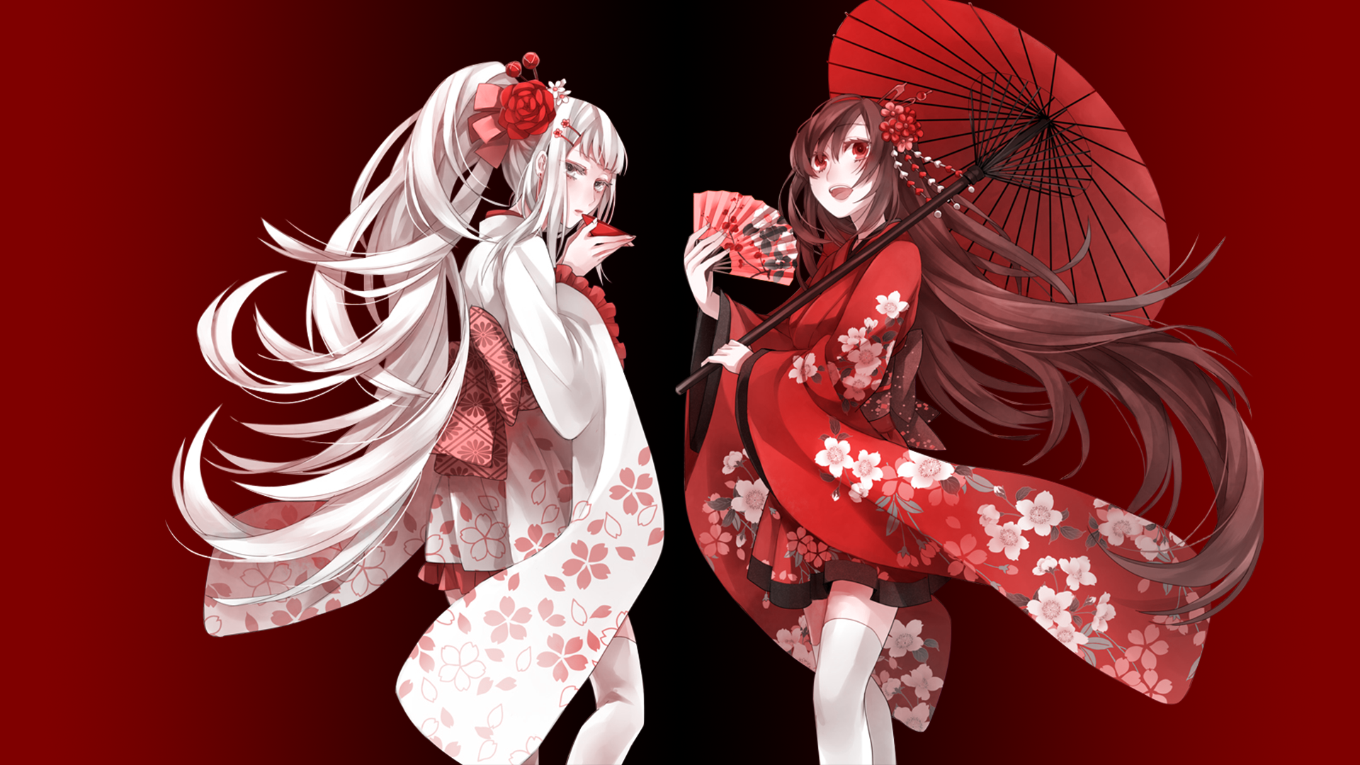 Anime-style HD desktop wallpaper featuring two original characters in floral kimonos, one with white hair and the other with brown hair, set against a deep red background.