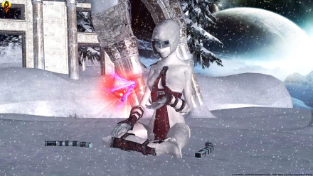 Asajj Ventress from Star Wars: The Clone Wars (2008) meditates in snow, holding a glowing Sith holocron, with a cosmic backdrop in this 4K Ultra HD PC desktop wallpaper.