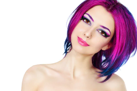 A high-definition desktop wallpaper featuring a woman with striking crimson hair and colorful makeup, posing gracefully.