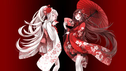 Anime-style HD desktop wallpaper featuring two original characters in floral kimonos, one with white hair and the other with brown hair, set against a deep red background.