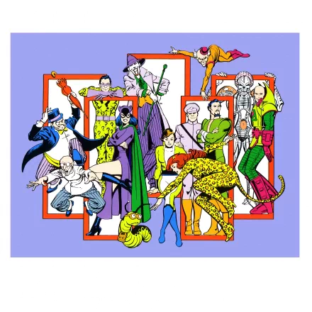 A vibrant HD wallpaper featuring iconic DC Comics villains and characters, including General Zod, Brainiac, Catwoman, Lex Luthor, Joker, Riddler, and Penguin against a colorful backdrop.
