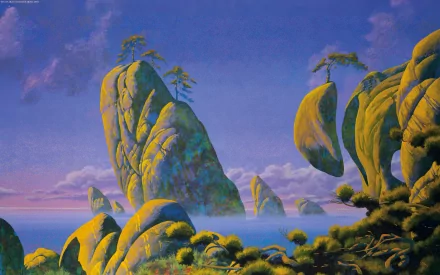 A vibrant sci-fi landscape by Roger Dean features towering, moss-covered rocks and floating boulders against a serene sky, creating an inviting and imaginative HD wallpaper scene.