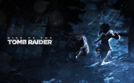 A dark and atmospheric HD wallpaper from Rise of the Tomb Raider, featuring a fierce landscape with Lara Croft facing a menacing creature.