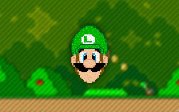 Pixel art of Luigi's head from Super Mario World, designed as an HD PC desktop wallpaper with a blurred green background.