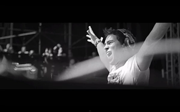 Black and white HD desktop wallpaper of DJ Hardwell performing live with arms raised, immersed in music.