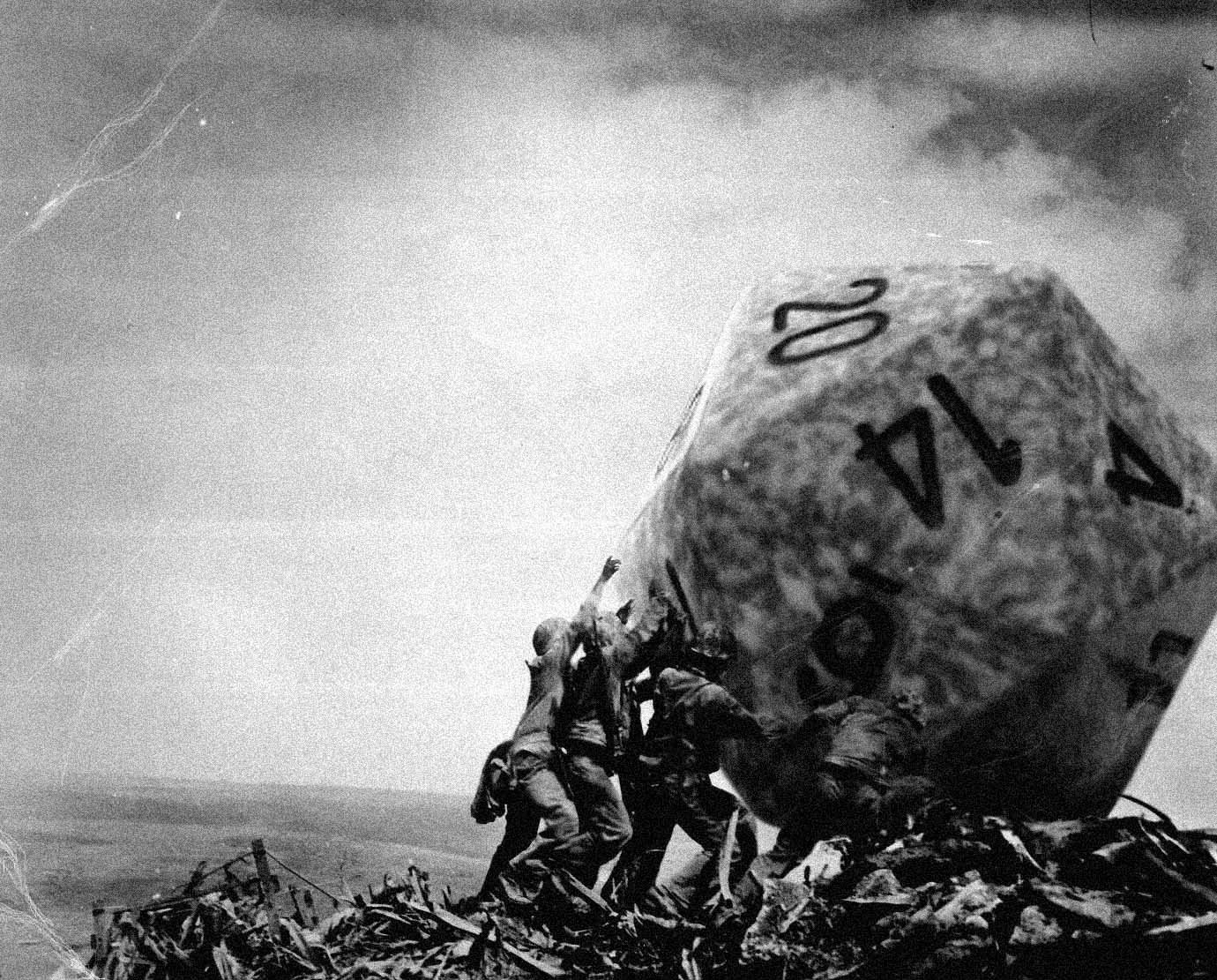 A humorous HD wallpaper depicting soldiers on Iwo Jima lifting an oversized dice, blending historical imagery with a playful twist.