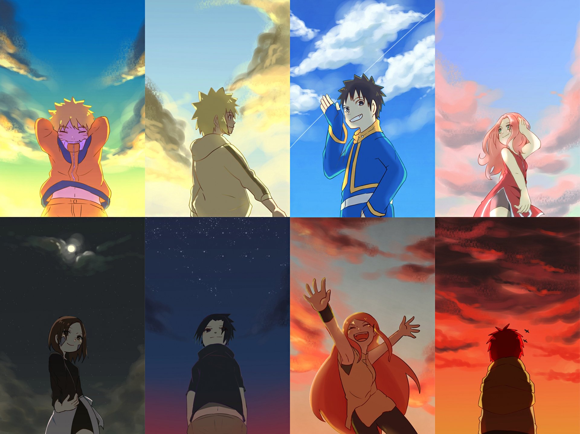 HD desktop wallpaper featuring collage of Naruto characters: Naruto Uzumaki, Minato Namikaze, Kushina Uzumaki, Rin Nohara, Obito Uchiha, Sasuke Uchiha, Sakura Haruno, and Gaara against vibrant skylines.