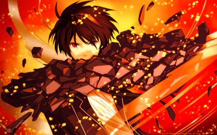 A dynamic HD wallpaper featuring Shu Ouma from the anime Guilty Crown, showcasing vibrant colors and intense action as he breaks through shards in a striking background.