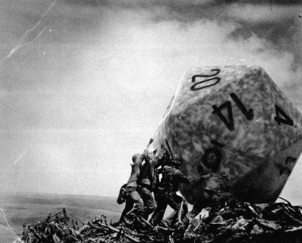 A humorous HD wallpaper depicting soldiers on Iwo Jima lifting an oversized dice, blending historical imagery with a playful twist.