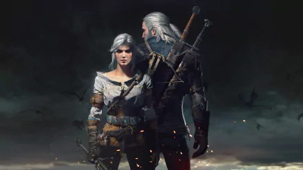 HD desktop wallpaper featuring Geralt of Rivia and Ciri from The Witcher 3: Wild Hunt, standing together in a dramatic, stormy landscape.