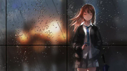 A serene anime scene featuring Rin Shibuya with long brown hair in a school uniform, standing in the rain, creating a captivating backdrop from The iDOLM@STER Cinderella Girls.