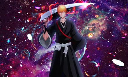 A vibrant HD wallpaper featuring Ichigo Kurosaki from the anime *Bleach*, wielding a sword against a cosmic, colorful background filled with swirling patterns and effects.